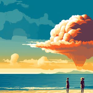 Illustration: Ein Atompilz über dem Meer, Menschen stehen am Strand.