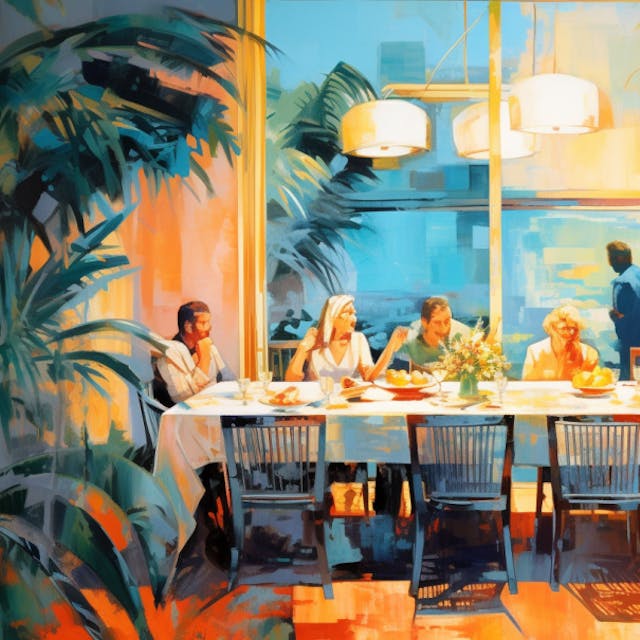 Illustration: Menschen sitzen an einem Tisch inmitten chicer Dekoration