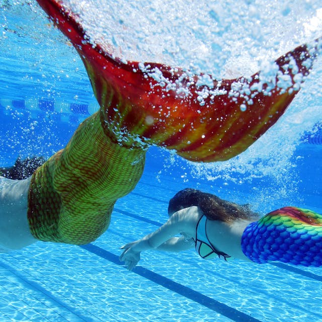 Im Freibad „Sonnenbad“ in Karlsruhe (Baden-Württemberg) schwimmen Teilnehmer des dritten baden-württembergischen Meerjungfrauen-Treffen durch das Wasser des Beckens