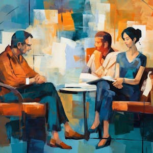 Illustration: Zwei Menschen sitzen auf einer Couch, ein Therapeut hört ihnen zu.