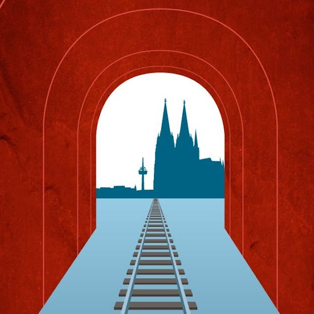Die Grafik zeigt einen roten Tunnel mit Schienen, im Hintergrund ist der Kölner Dom zu sehen.
