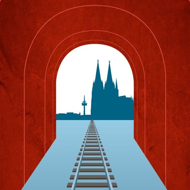 Die Grafik zeigt einen roten Tunnel mit Schienen, im Hintergrund ist der Kölner Dom zu sehen.