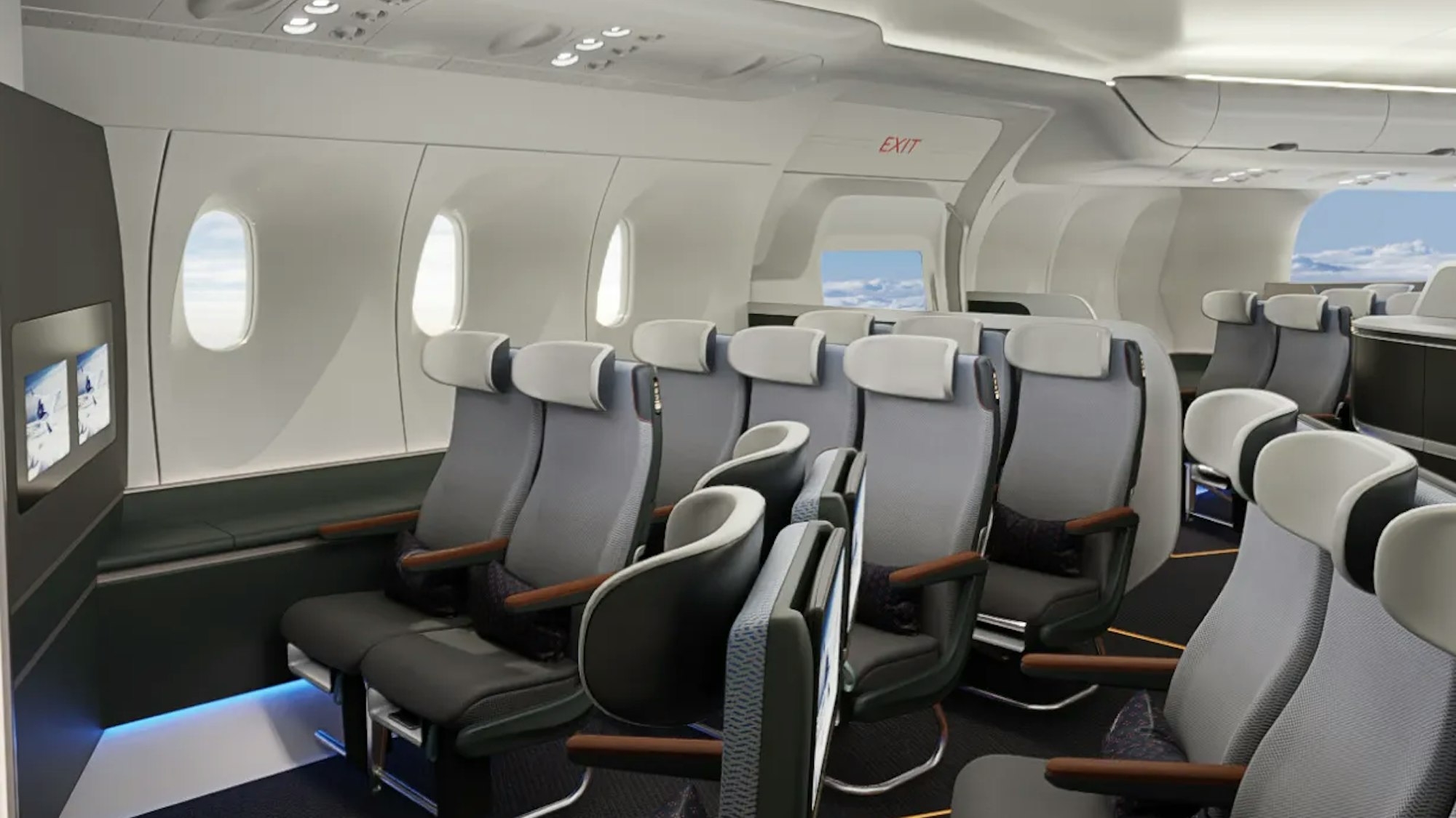 Das Start-up JetZero stellt sich so in etwa die Kabinen der Flugzeuge mit „Blended Wing Body“ vor: mehr Platz, mehr Gänge, schnellerer Ein- und Ausstieg.