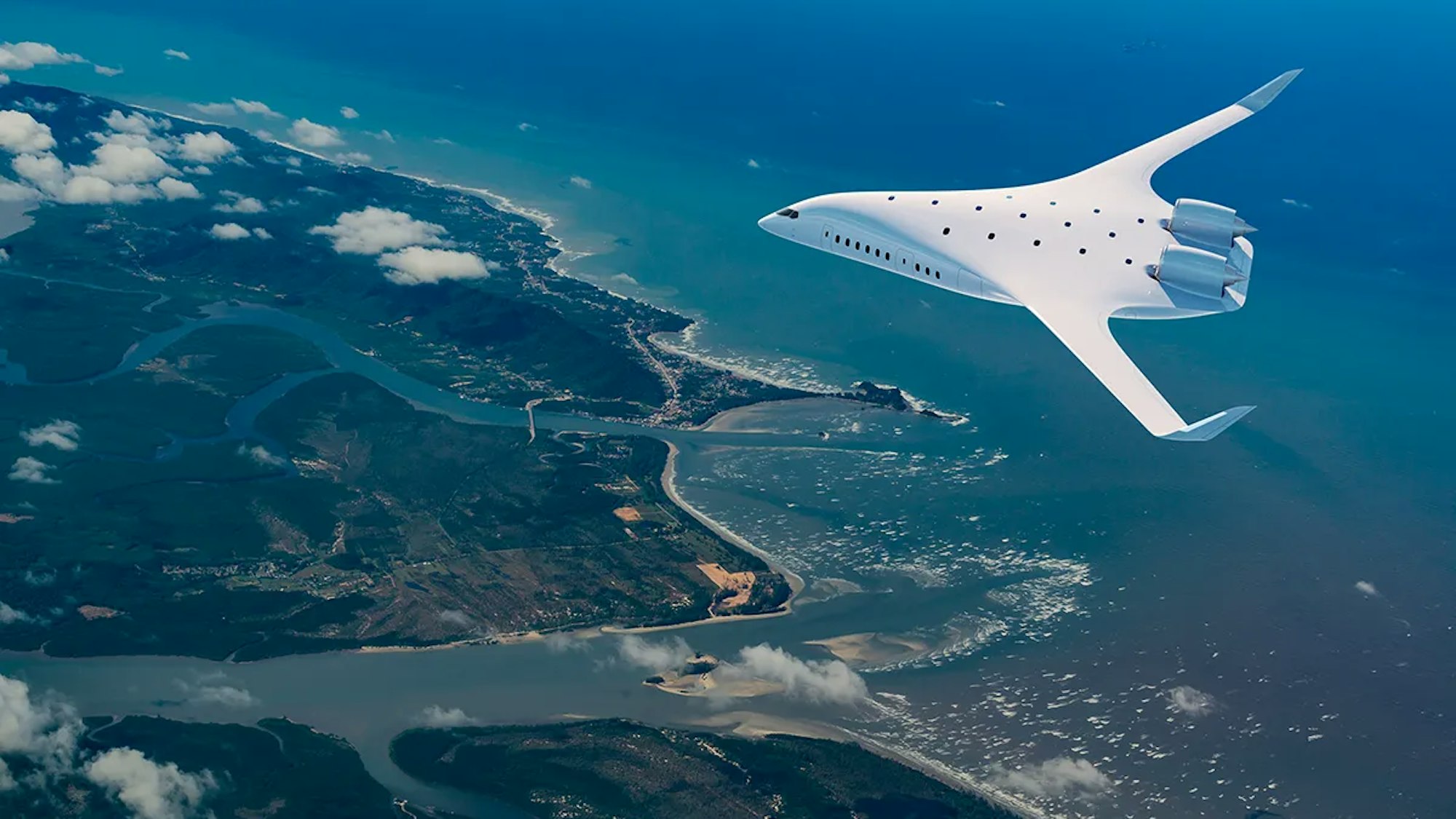 Sieht so bald unser Mallorca-Urlaub aus? Fliegen wir bald mit einem Flugzeug mit „Blended Wing Body“ statt mit einer Boeing 747 Richtung Balearen? Unser Foto zeigt eine Illustration des Start-ups JetZero, das nun einen Prototyp bauen will.