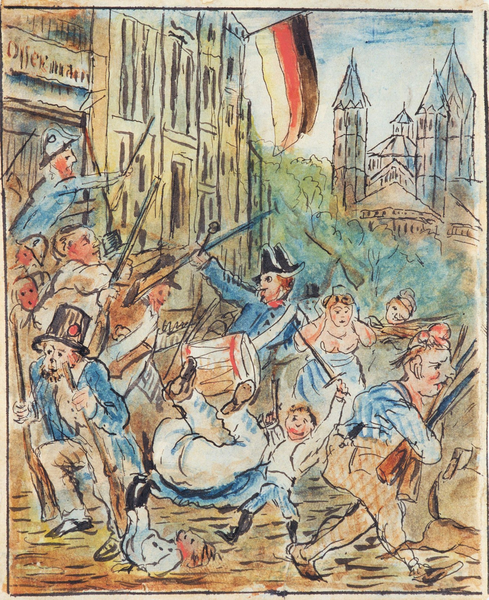 Kölnisches Stadtmuseum, KSM, Plünderung des Offermannschen Gewehrladens in der Schildergasse, Zeichnung von Wilhelm Kleinenbroich 1948/1949