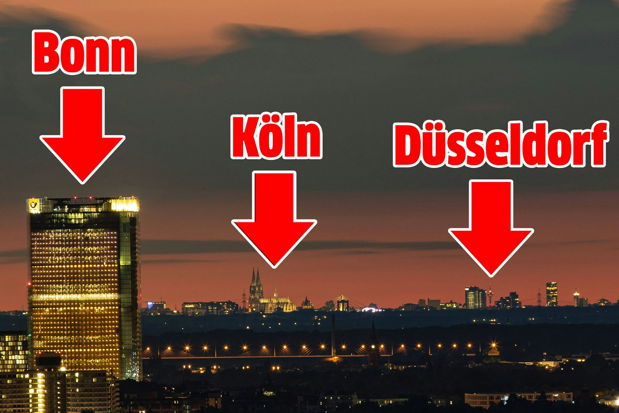 Zu sehen sind Bonn, Köln und Düsseldorf.