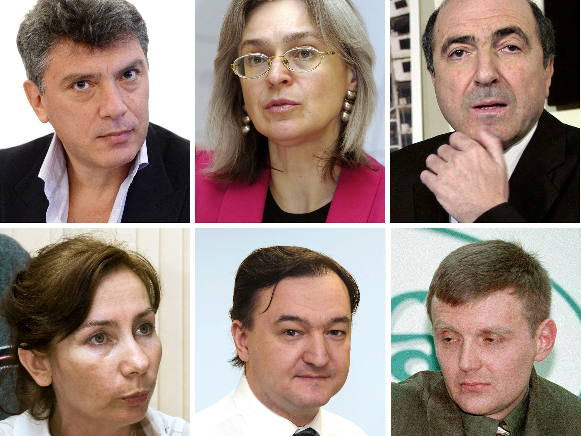 Archivfotos zeigen (oben l-r) Boris Nemzow, Anna Politkowskaja, Boris Beresoswki sowie (unten l-r) Natalja Estemirowa, Sergej Magnitski, Alexander Litwinenko.