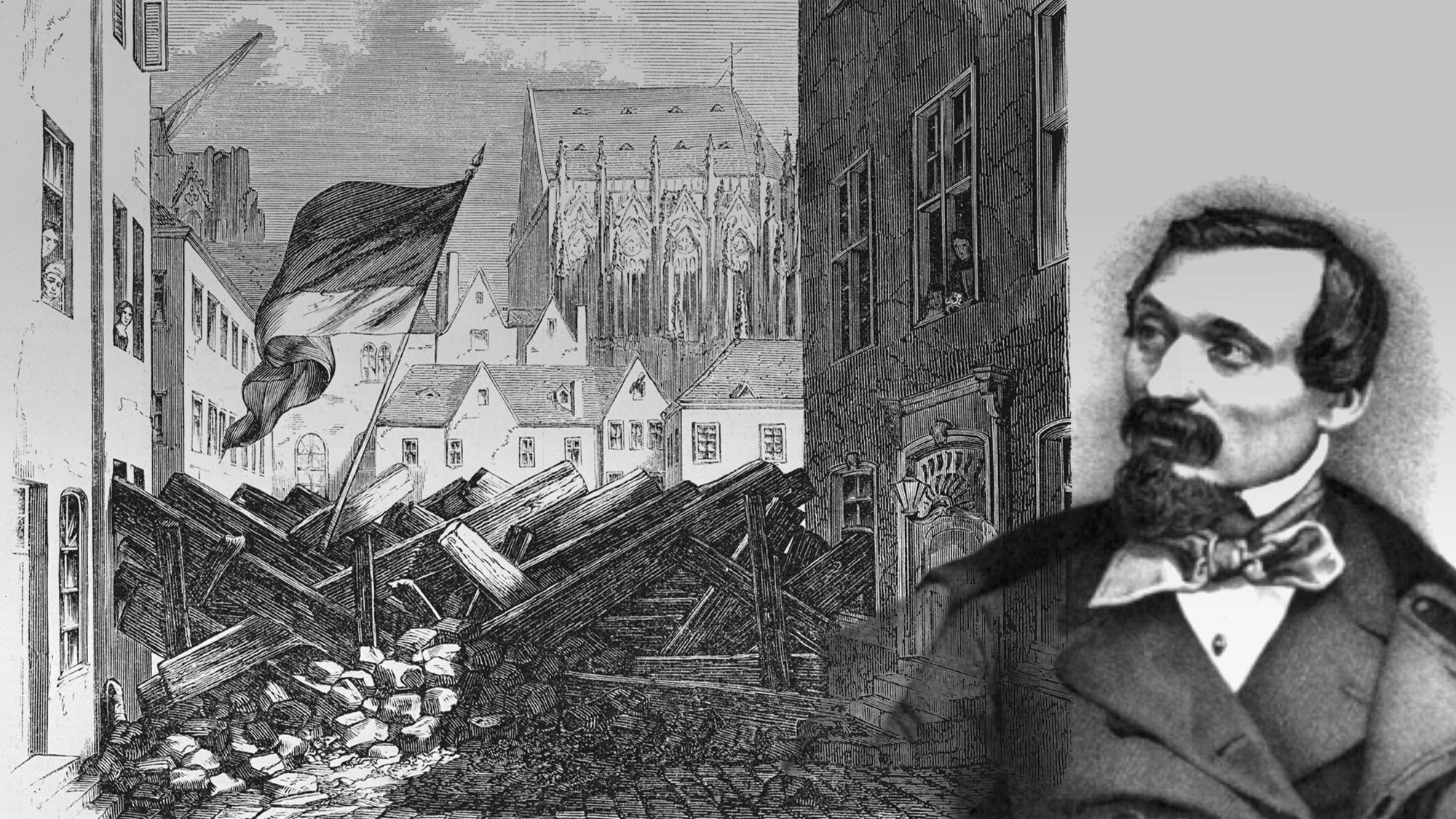 Die Bildcollage zeigt eine Zeichnung von Georg Osterwald von den Barrikaden in der Altstadt im September 1848 und ein Porträt des Revolutionäres Franz Raveaux
