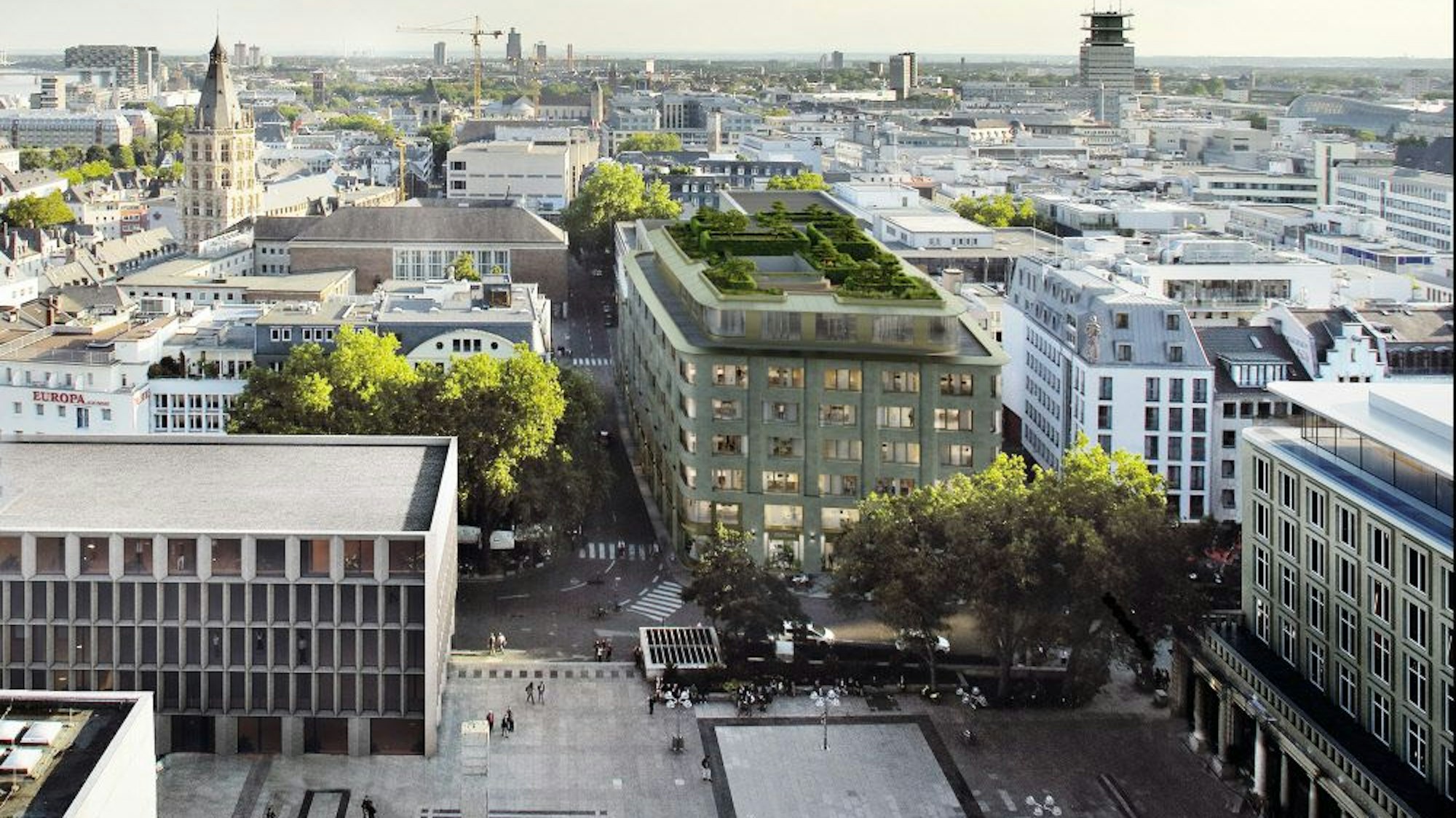 Die Visualisierung zeigt das geplante Gebäude mit Domblick und Dachgarten.