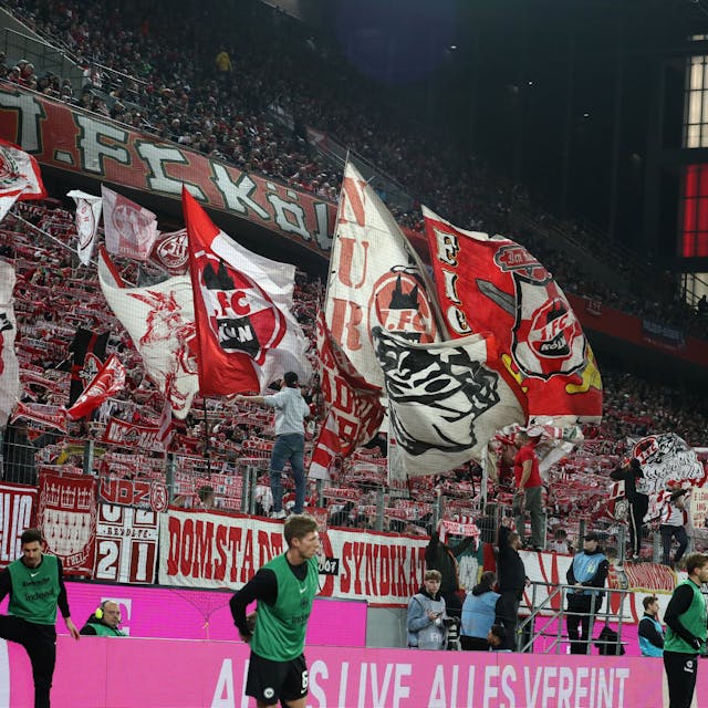 Auf einer Tribüne halten Fußball-Fans rot-weiße Schals hoch und schwenken Fahnen.








