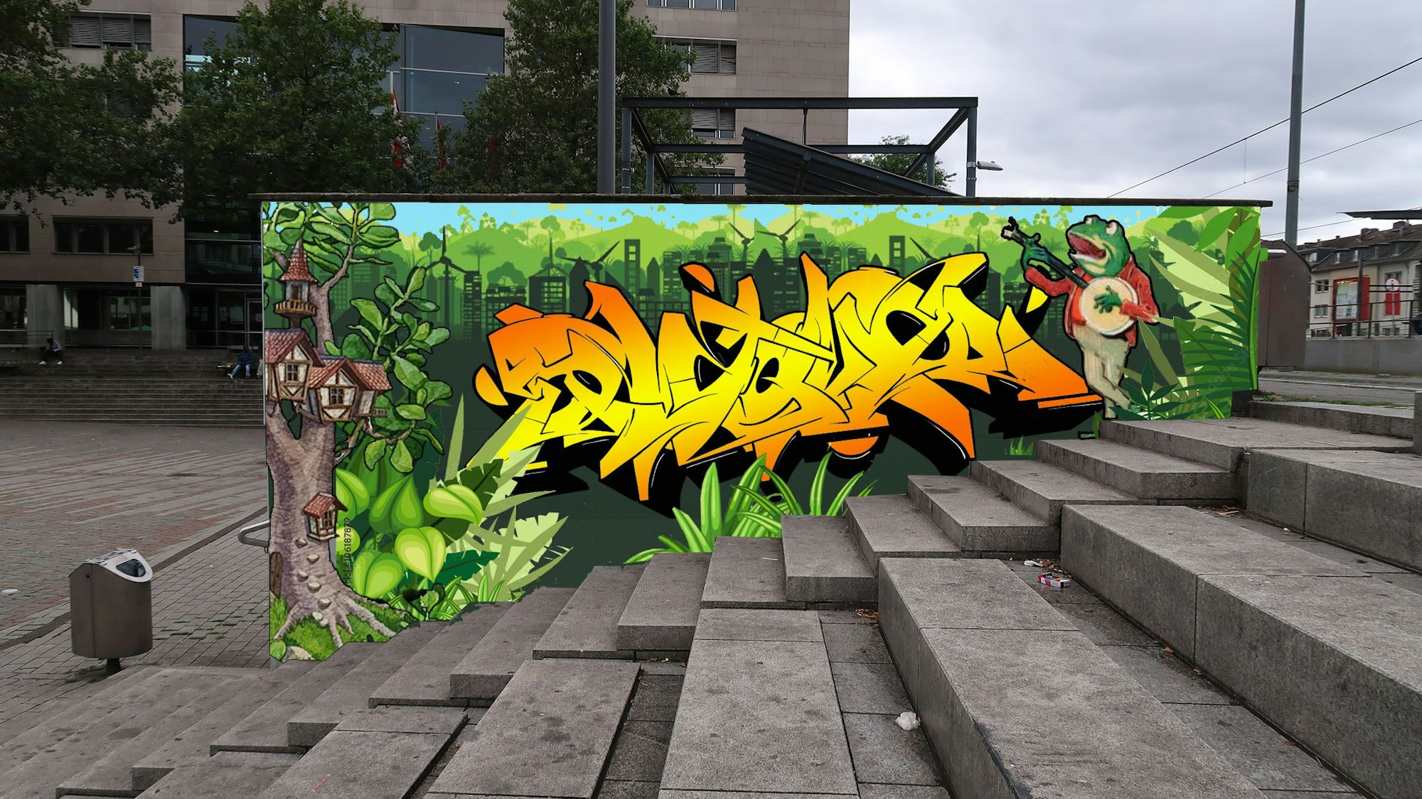 Eine Graffiti-Wand mit Dschungelmotiv ist auf dem Wiener Platz aufgestellt.
