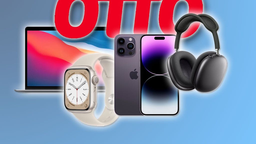 Otto Logo, Apple MacBook Air, iPhone 14, Apple Watch Series 8 und Apple AirPods Pro Max. 