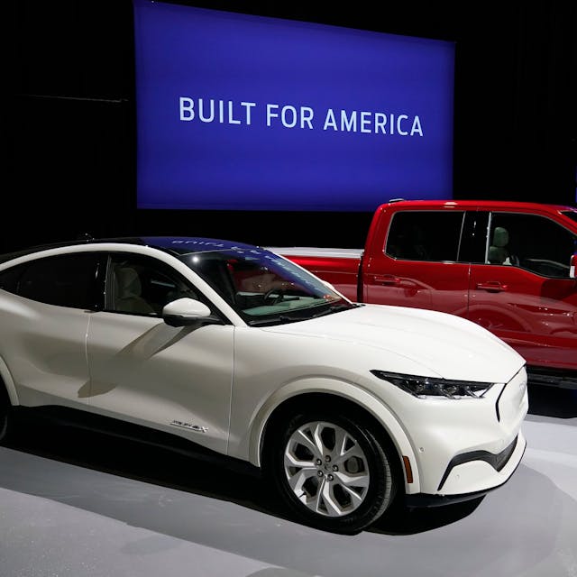 The 2023 Ford Mustang Mach-E is displayed, Monday, Feb. 13, 2023, in Romulus, Mich. The automaker plans to build a $3.5 billion electric vehicle battery plant about 100 miles west of Detroit that would employ about 2,500 people. The plant was revealed Monday at a meeting of the Michigan Strategic Fund, which approved a large state tax incentive package for the project near the city of Marshall. (AP Photo/Carlos Osorio)