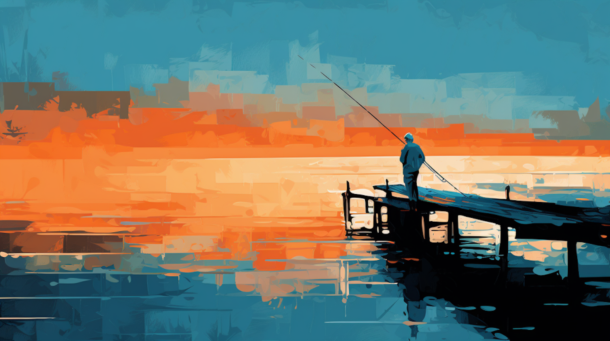 Eine Illustration zeigt einen Fischer auf einem Steg.