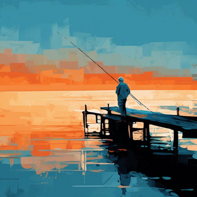Eine Illustration zeigt einen Fischer auf einem Steg.