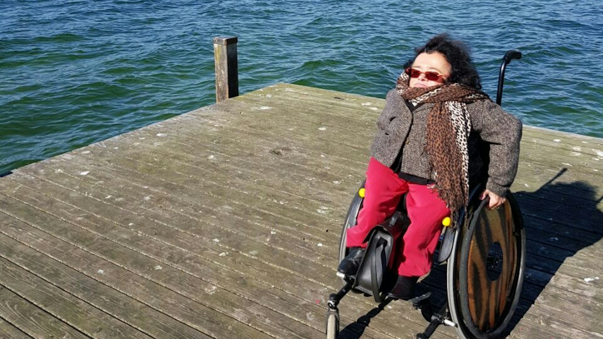 Annette Kellinghaus-Klingberg im Rollstuhl auf dem Steg eines Sees.