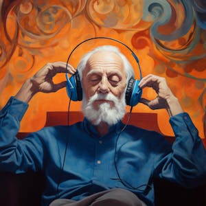 Ein älterer Mann hat Kopfhörer auf und hört entspannt Musik.