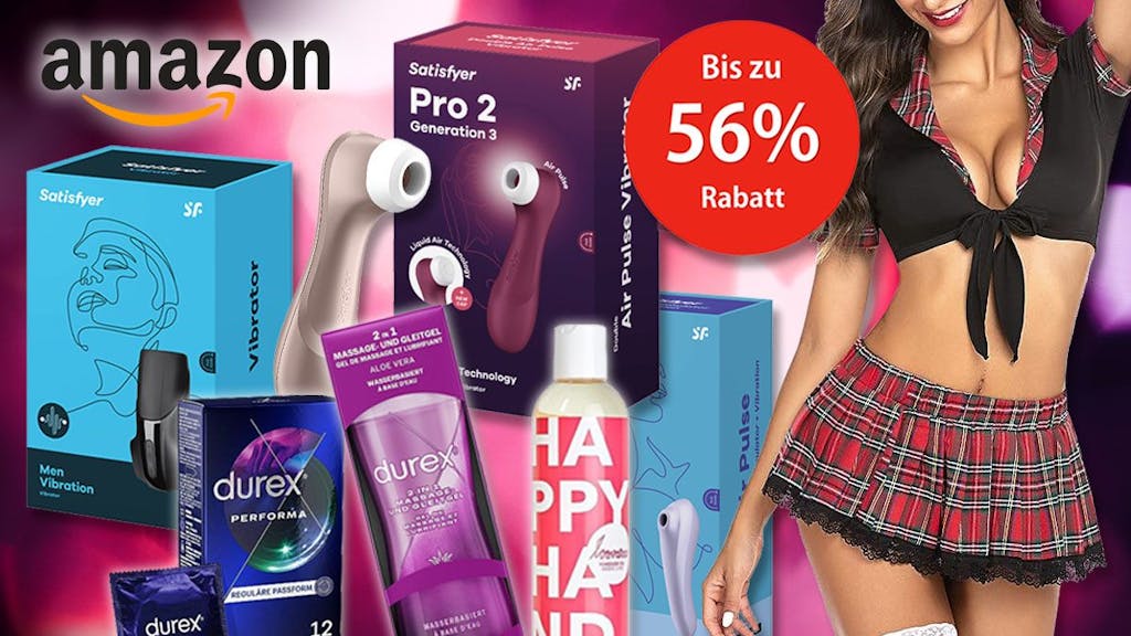 Erotik-Produkte von Satisfyer. Durex und Loovara Massageöl, dazu junge Frau mit sexy Cosplay Kostüm und Amazon Logo.