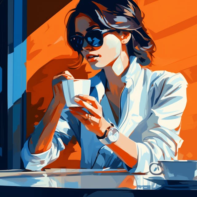 Eine Frau in eleganter Kleidung trinkt einen Kaffee.