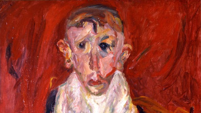 Das Gemälde zeigt einen jungen Mann mit großen Ohren vor tiefrotem Hintergrund.