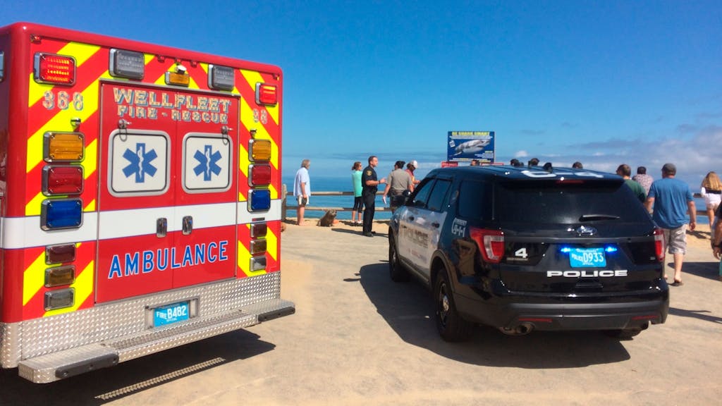 Rettungskräfte sind am Newcomb Hollow Beach bei Wellfleet zu sehen.