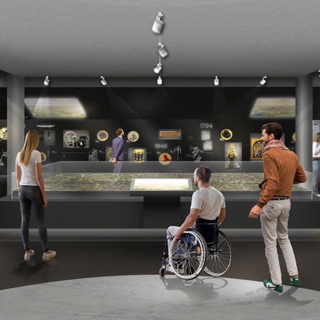 Die Visualisierung zeigt den Blick in das neue Stadtmuseum im umgebauten früheren Modehaus Sauer.