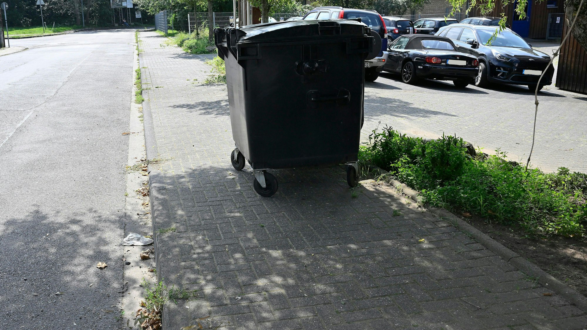 Eine Mülltonne nimmt viel Platz auf dem Bürgersteig ein.