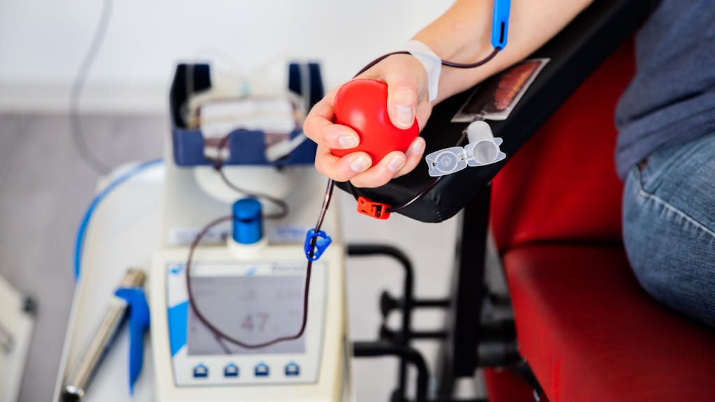 Eine Frau spendet bei einer Blutspendeaktion Blut.
