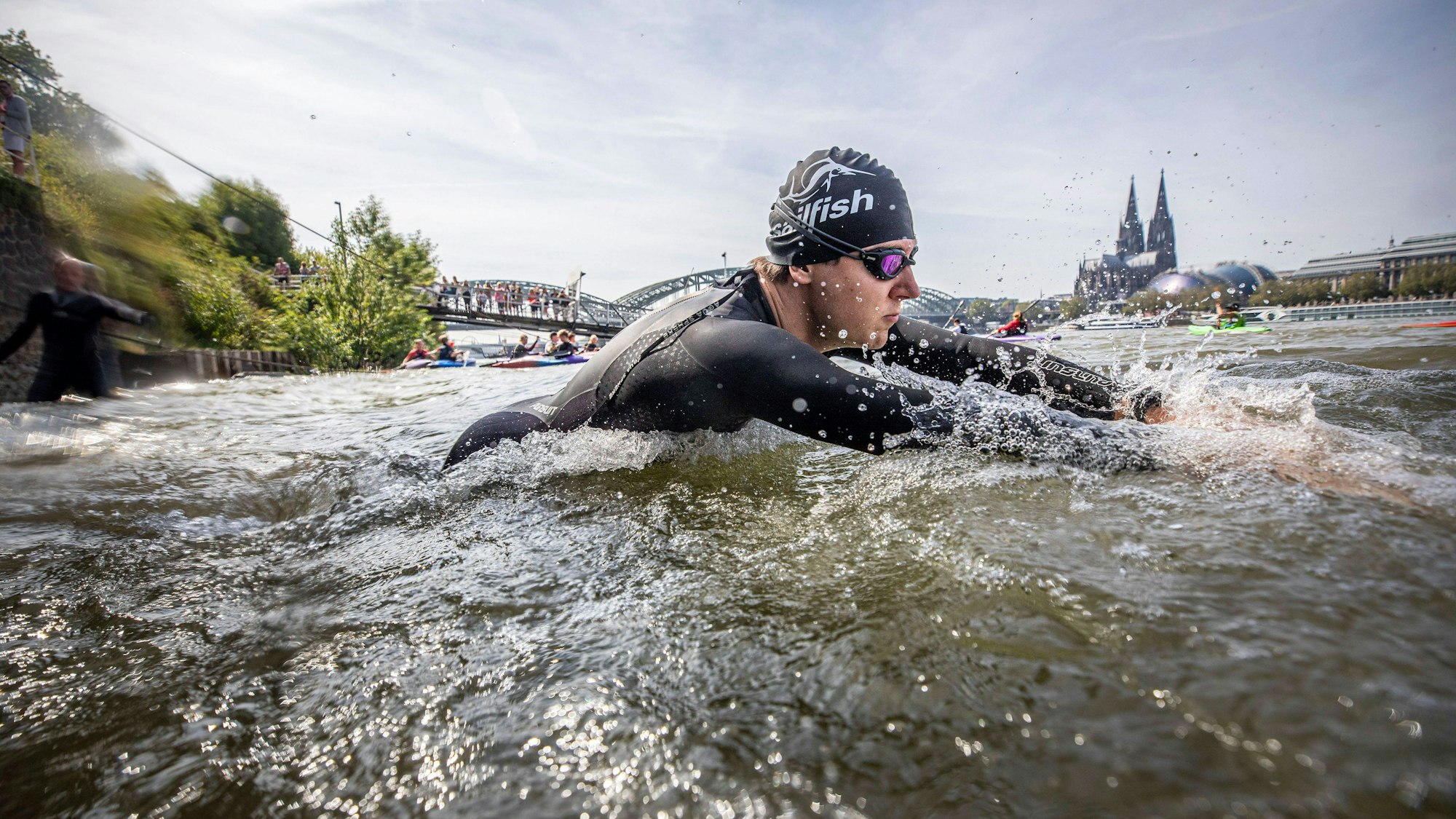 Triathleten starten beim 2. Carglass Köln-Triathlon ihr Schwimmen im Rhein.