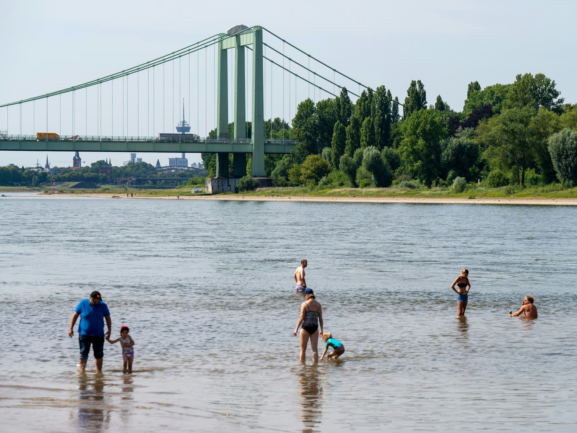 Menschen baden an der Rodenkirchener Riviera im Rhein