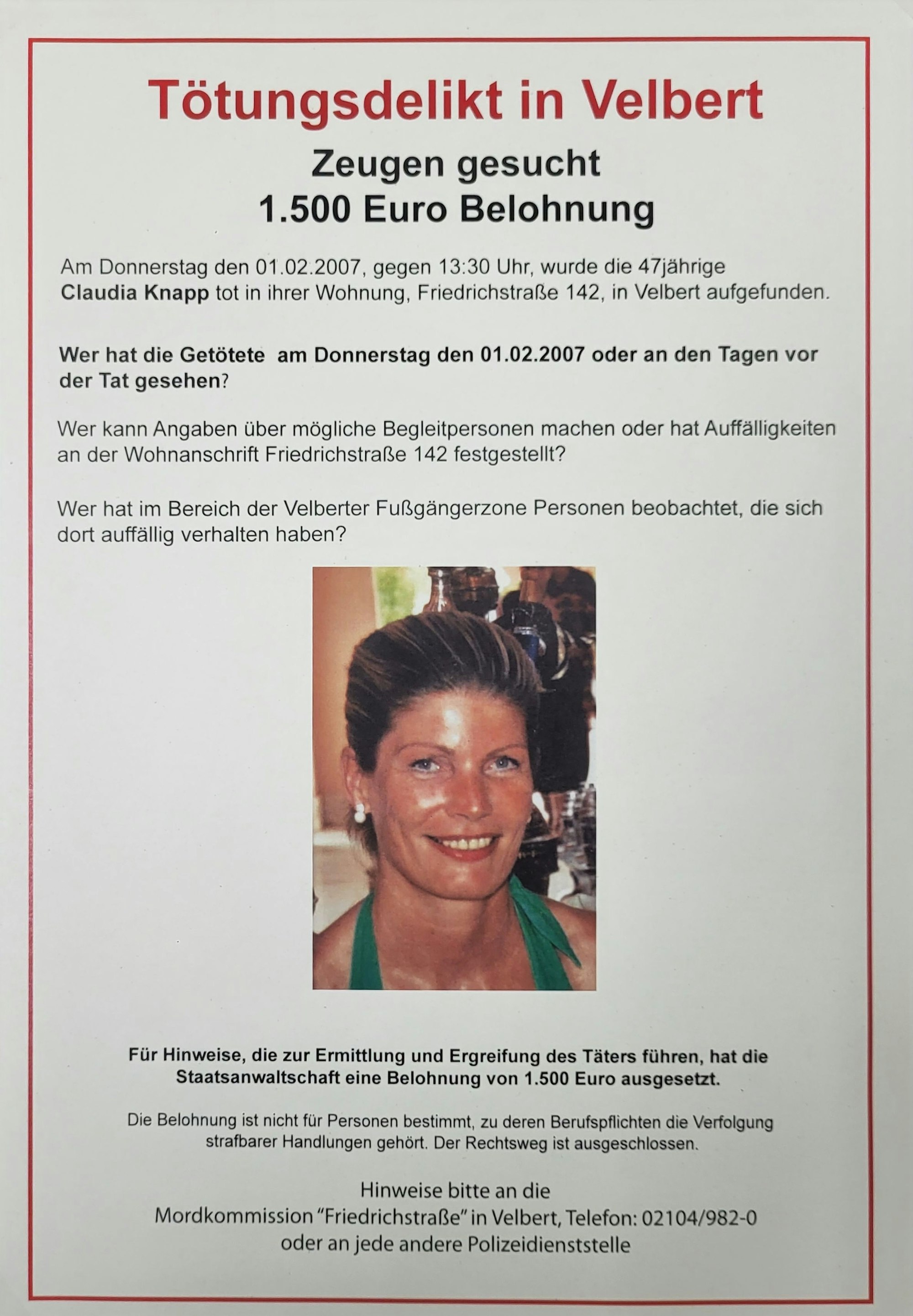Fahndungsplakat zum Mord 2007 an der Stewardess Claudia Knapp in Velbert.