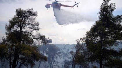 04.09.2023, Griechenland, Athen: Ein Hubschrauber schüttet während eines Waldbrandes Wasser über ein Waldgebiet.&nbsp;