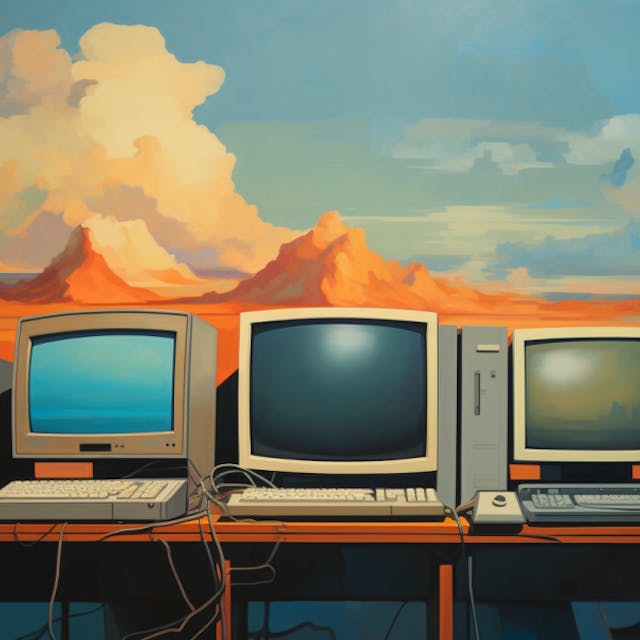 Eine Illustration zeigt historische Computer, die nebeneinander auf einem Tisch stehen.
