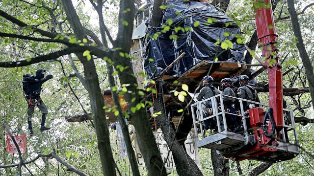17.09.2018, Nordrhein-Westfalen, Kerpen: Polizisten nähern sich in einem Hubwagen einem Baumhaus.&nbsp;