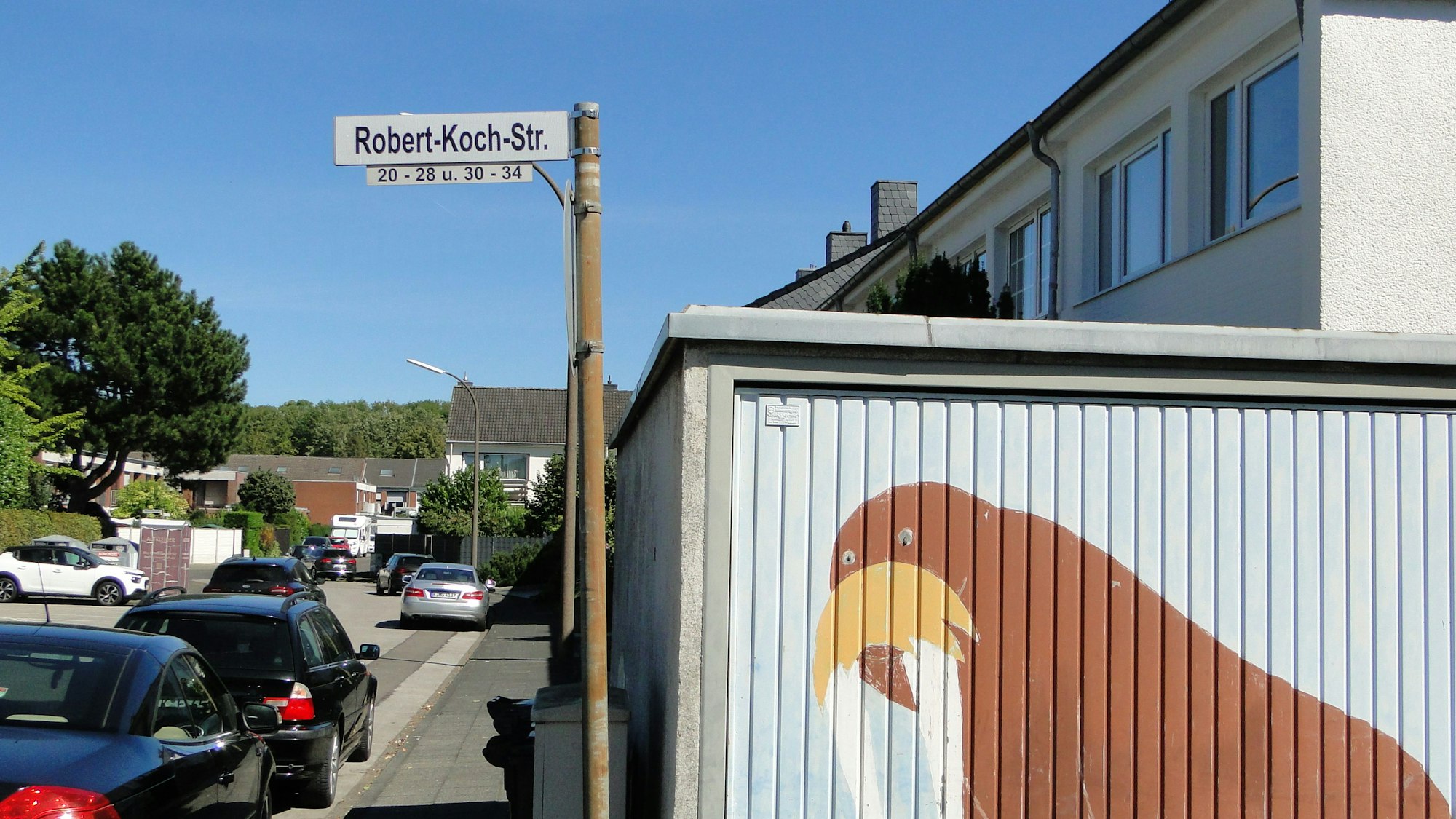 Ein Straßenschild mit der Aufschrift „Robert-Koch-Str.“ steht an einer Straßenecke.