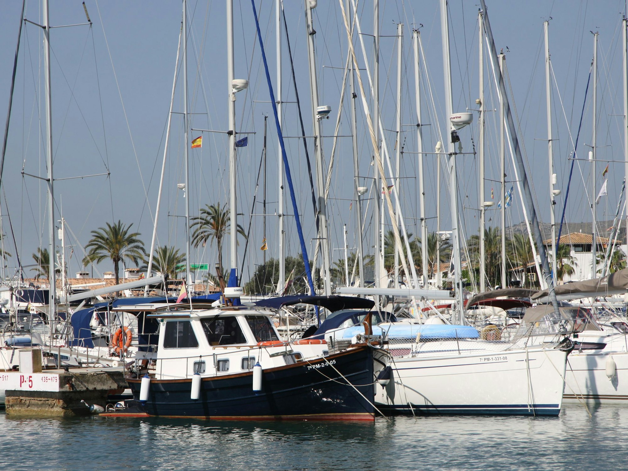 Im Jachthafen von Alcudia liegen die Segelboote bis zur nächsten Ausfahrt vor Anker.