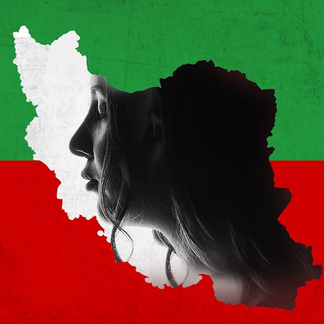 Eine Frau erscheint im Profil in der Iran-Flagge.