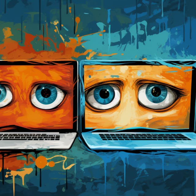 Eine Illustration zeigt zwei Computer, auf deren Bildschirme Augenpaare zu sehen sind. Die Augenpaare erwecken den Eindruck von Traurigkeit.