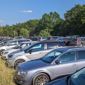 Viele Autos auf einem Parkplatz zwischen Büschen und Bäumen.