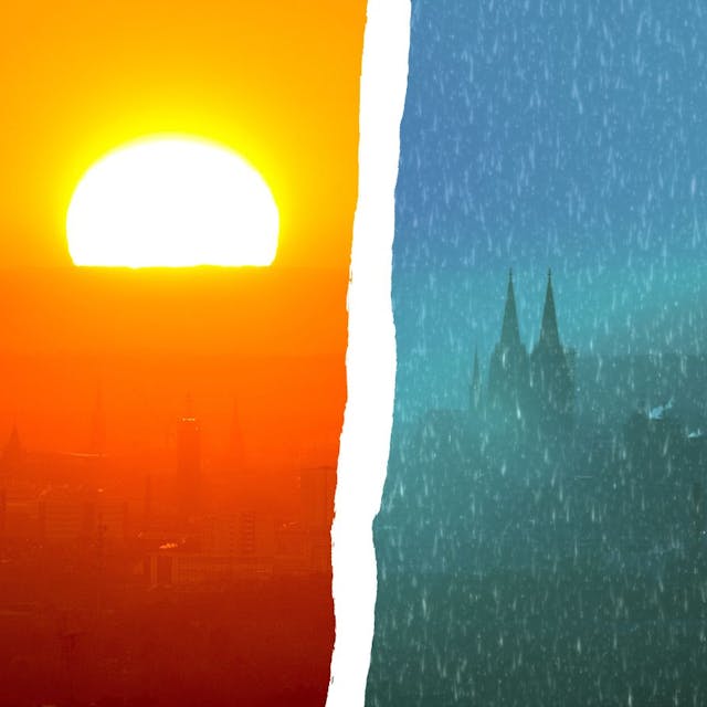 Die linke Bildhälfte zeigt eine glutrote Sonne über Köln, in der rechten Bildhälfte sieht man die Türme des Kölner Doms durch einen Regenschleier.