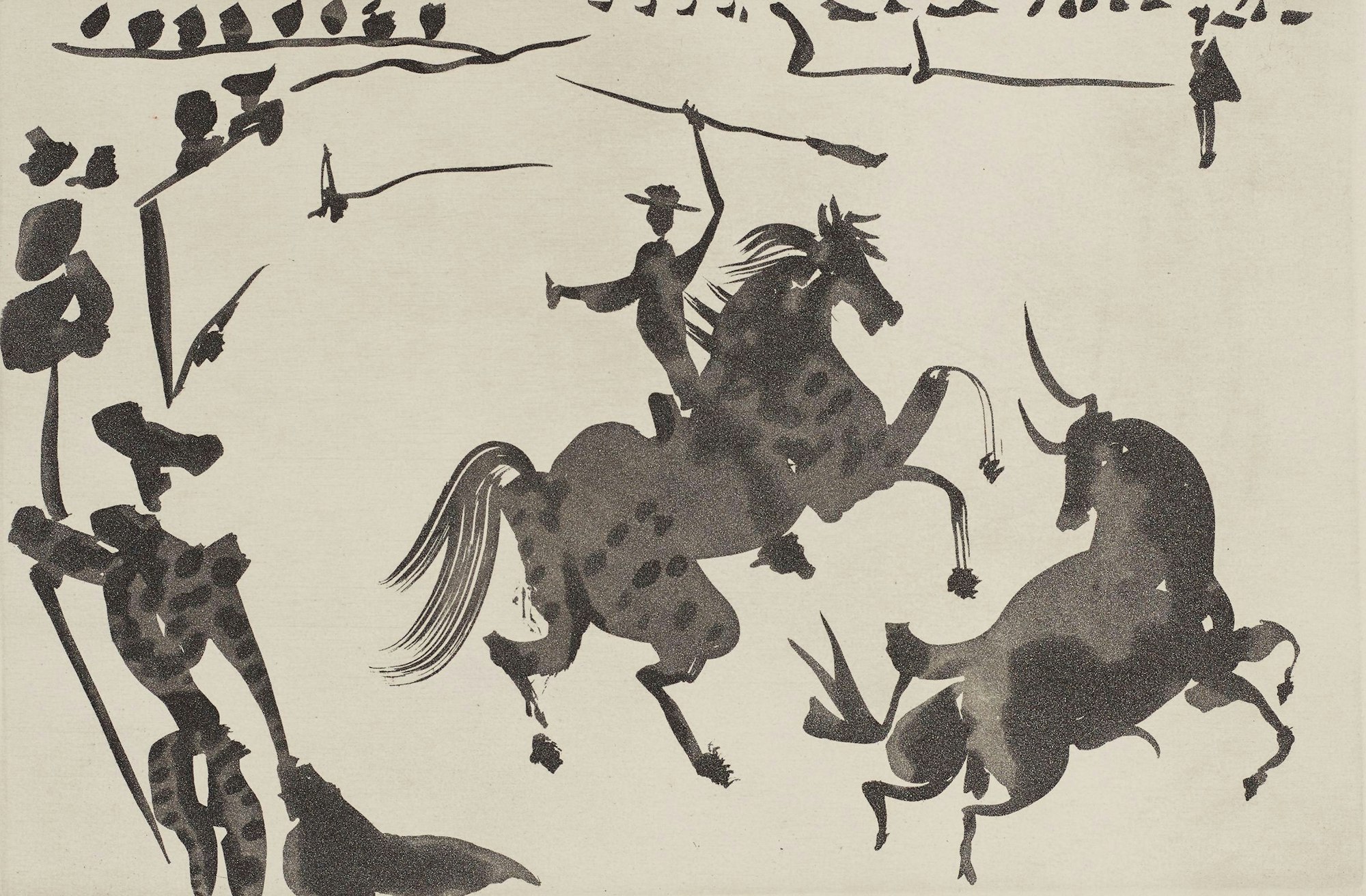 Das Bild zeigt einen mit schwarzer Tinte gemalten Reiter, der einen Stier mit einer Lanze bedroht. Am Bildrand ein Stierkämpfer mit Tuch, im Hintergrund ein paar Zuschauer.