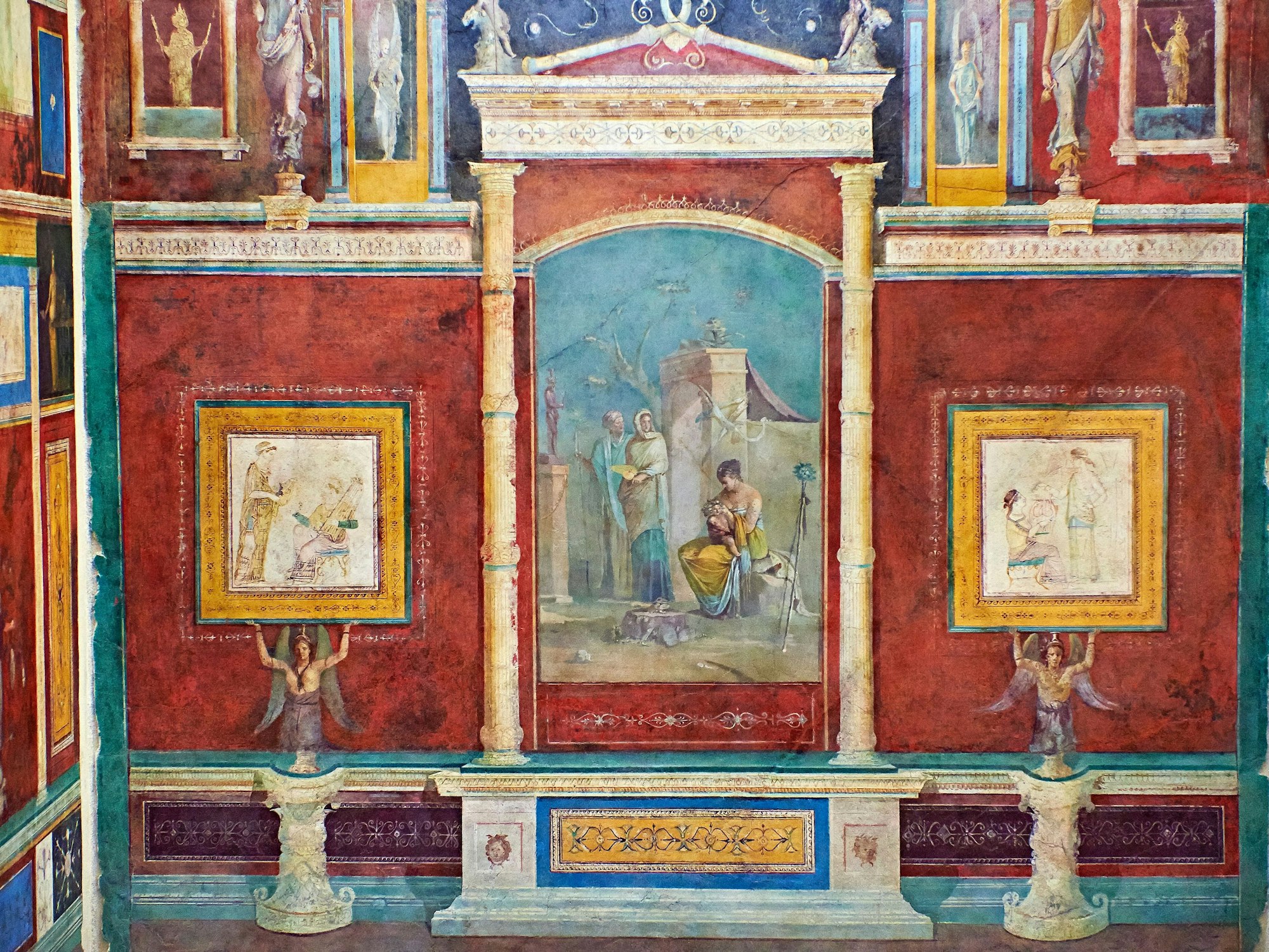 Römische Wanddekorationen im Schlafzimmer B der Villa Farnesia im Museo Nazionale Romano (Römisches Nationalmuseum) in Rom (Italien), hier im Juli 2021.