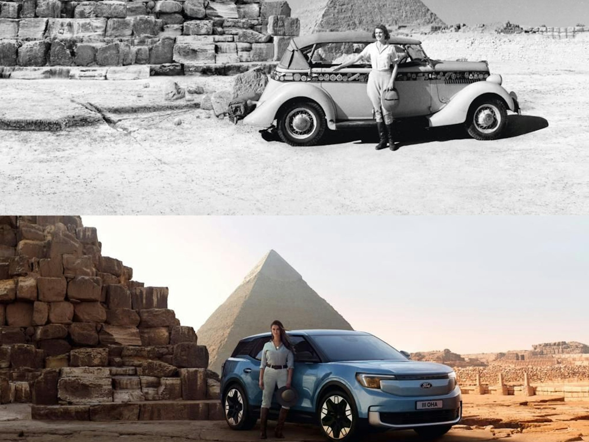 Collage von Wanderwell und Alford, die jeweils mit einem Ford vor den Pyramiden von Gizeh posieren.