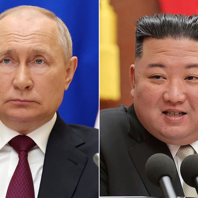 Die Bildkombo zeigt ein von der staatlichen russischen Nachrichtenagentur Sputnik via AP veröffentlichtes Bild von Wladimir Putin (l), Präsident von Russland, während eines Treffens und Kim Jong Un, Machthaber von Nordkorea, während einer Sitzung der regierenden Arbeiterpartei in ihrem Hauptquartier.