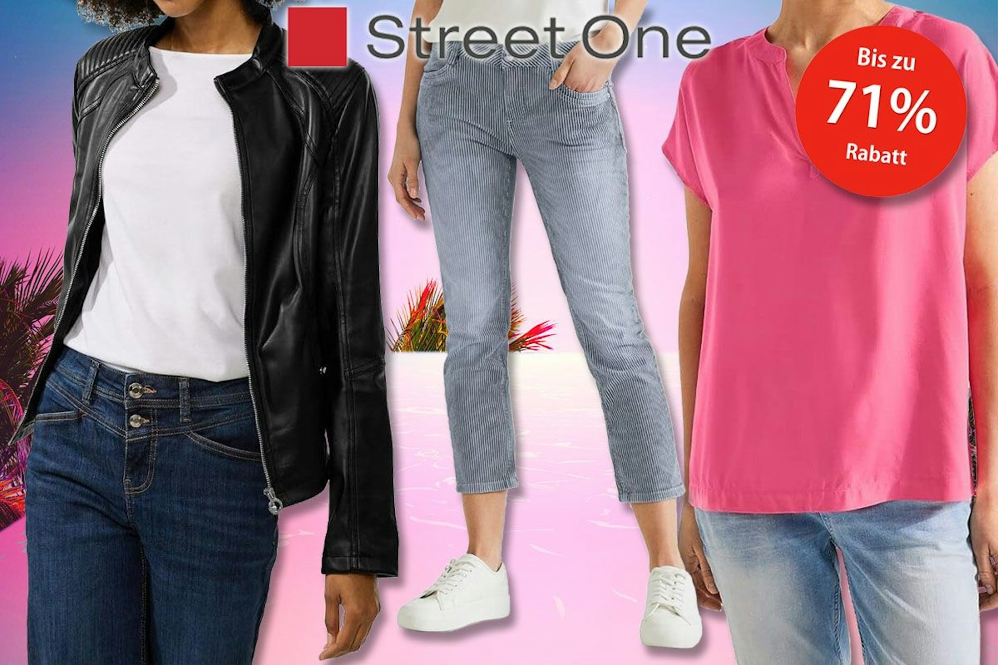 Street One Damenmode Jeans, Shirt, Jacke mit Sommerhintergrund und Logo.