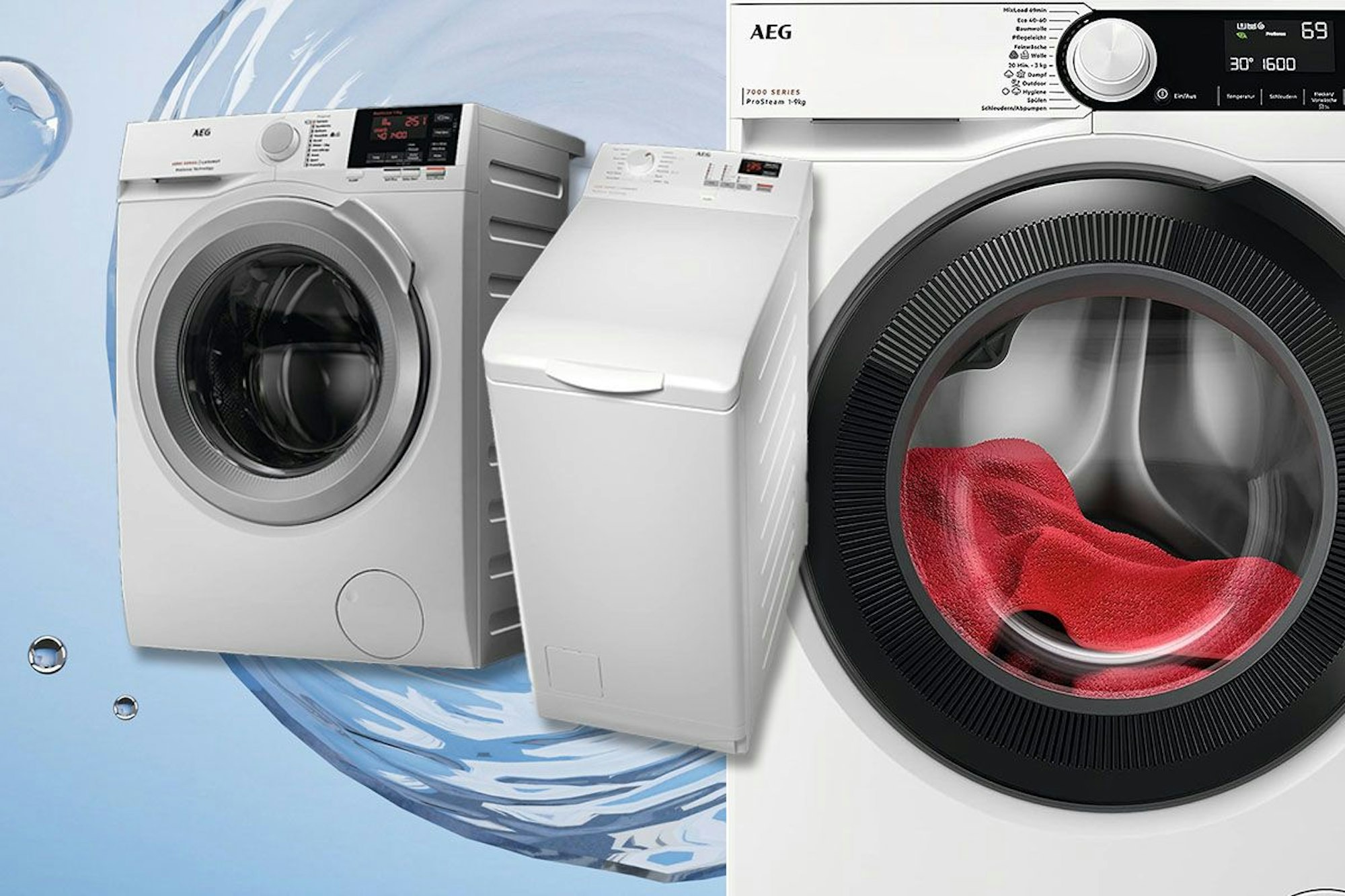 AEG Waschmaschinen vor Wasserhintergrund.