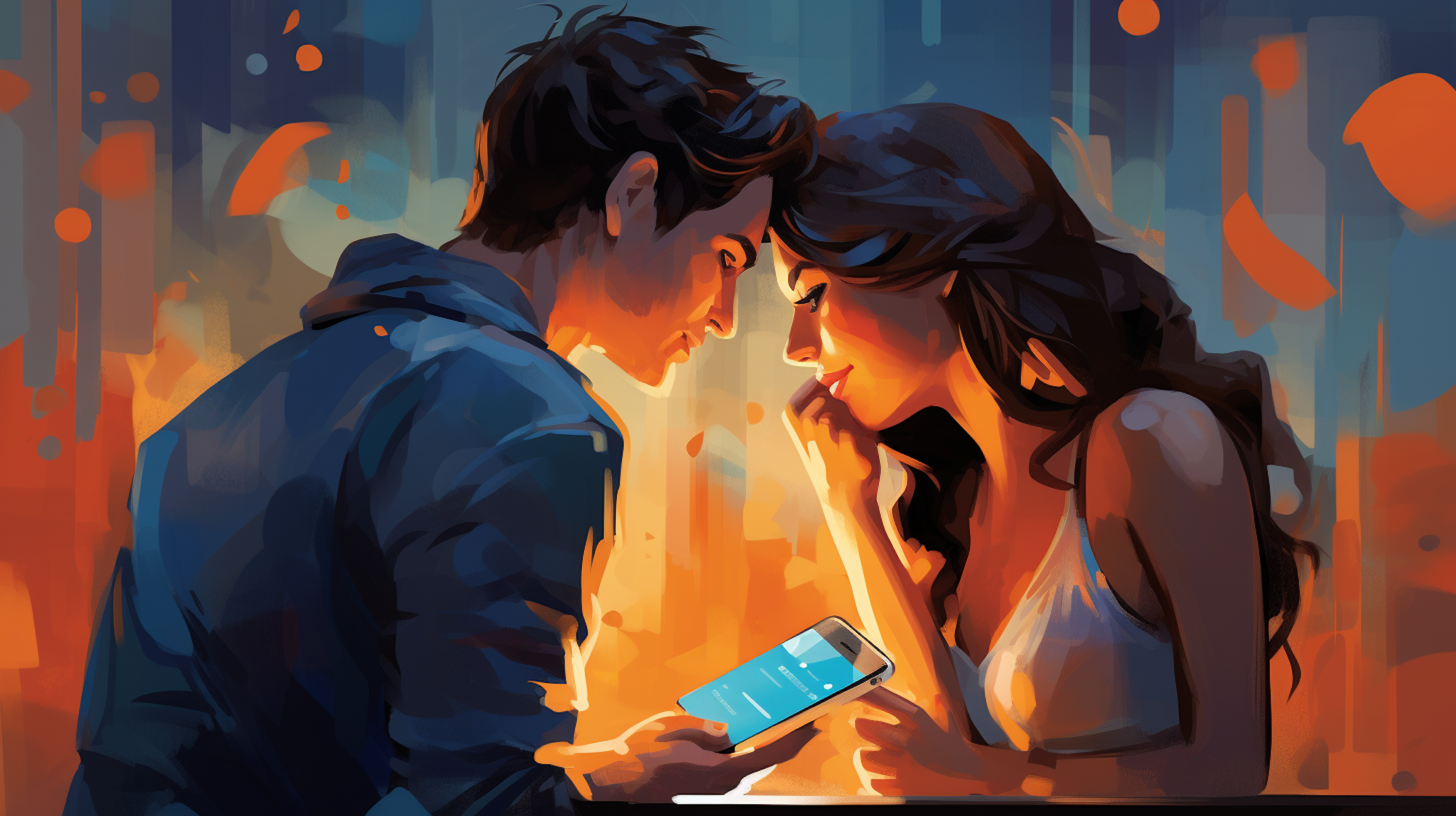 Illustration: Ein Mann und eine Frau sitzen am Tisch und schauen auf ein Handy.