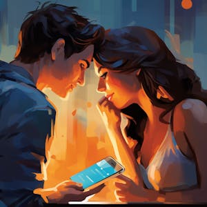 Illustration: Ein Mann und eine Frau sitzen am Tisch und schauen auf ein Handy.