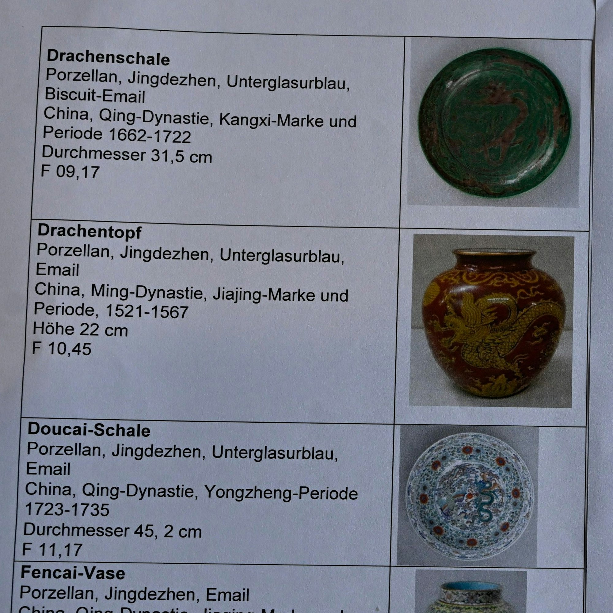 Eine ausgedruckte Liste mit mehreren Fotos zeigt historische chinesische Vasen und Teller aus Porzellan.
