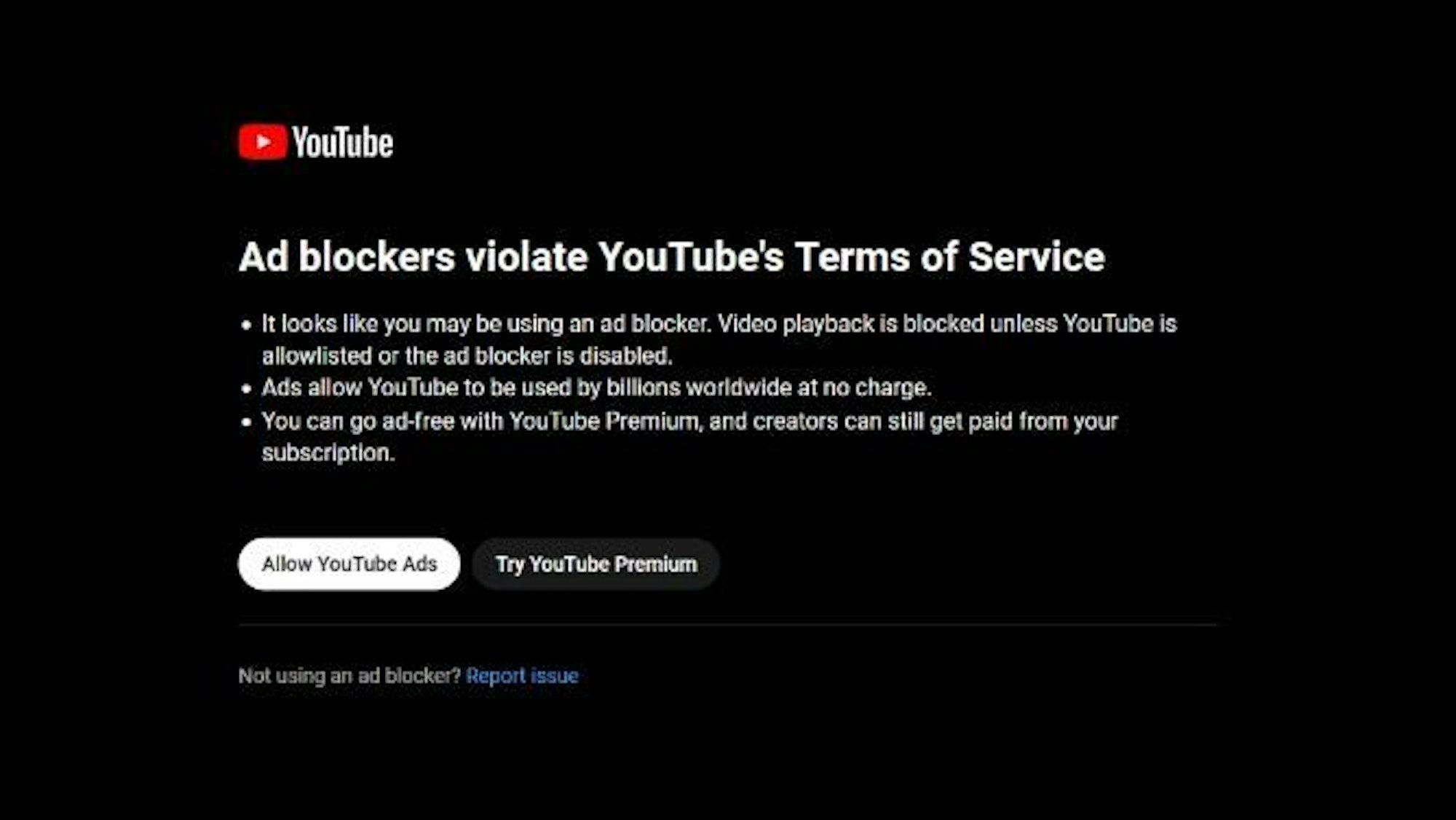 Eine Einblendung auf YouTube, die sich gegen Werbeblocker richtet.